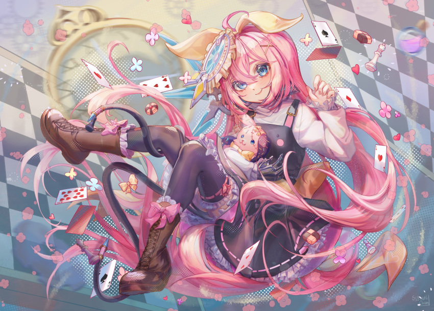 1girl ace_of_diamonds ace_of_hearts ace_of_spades ahoge arisu_gamu artist_name back_bow black_dress black_thighhighs blue_eyes blush boots bow bow_hairband brown_footwear chess_piece chessboard clock closed_mouth cross-laced_footwear crosshair diamond_(shape) dress english_commentary falling_card falling_petals five_of_hearts floating floating_hair food footwear_bow frilled_dress frilled_sleeves frilled_thighhighs frills hair_between_eyes hair_bow hair_ornament hairband halftone hand_up head_tilt headgear heart highres indie_virtual_youtuber lace-up_boots layered_dress long_hair long_sleeves looking_at_viewer mechanical_arms mechanical_wings overall_skirt pastry pawn_(chess) petals pinafore_dress pink_bow pink_hair queen_(chess) ribbon-trimmed_legwear ribbon_trim shirt sidelocks signature single_mechanical_arm single_wing smile solo spade_(shape) stitches stuffed_toy sutsukichan ten_of_hearts thigh-highs very_long_hair virtual_youtuber white_shirt wings x_hair_ornament yellow_bow