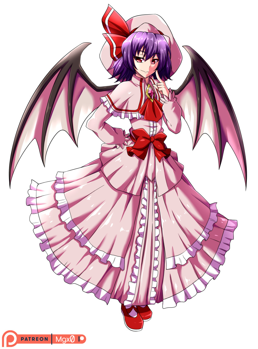 1girl absurdres alternate_costume artist_name ascot bat_wings capelet dress frilled_dress frills full_body hand_on_hip hat highres long_dress long_sleeves mgx0 patreon_logo pink_capelet pink_dress pink_headwear purple_hair red_ascot red_eyes remilia_scarlet smile solo touhou watermark wings