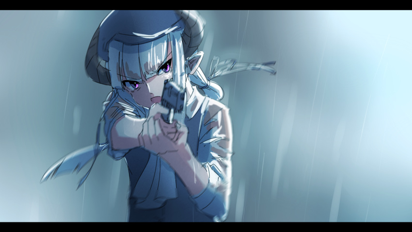 1girl bangs beret blue_dress blue_headwear commentary_request dress gun handgun hat highres holding holding_gun holding_weapon horns kuro_kosyou letterboxed long_hair low_twintails motion_blur open_mouth original pointy_ears rain see-through see-through_sleeves solo twintails v-shaped_eyebrows violet_eyes weapon weapon_request white_hair