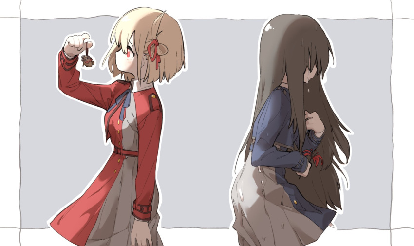 2girls back-to-back bangs belt black_hair blonde_hair blue_dress blue_ribbon bob_cut charm_(object) collared_shirt commentary_request covered_face cowboy_shot crying dress flower grey_dress hair_ribbon highres holding holding_charm holding_flower inoue_takina long_hair lycoris_recoil lycoris_uniform multiple_girls neck_ribbon nishikigi_chisato pleated_dress red_belt red_dress red_eyes red_flower red_ribbon ribbon shioneko114 shirt short_hair spider_lily two-tone_dress white_shirt