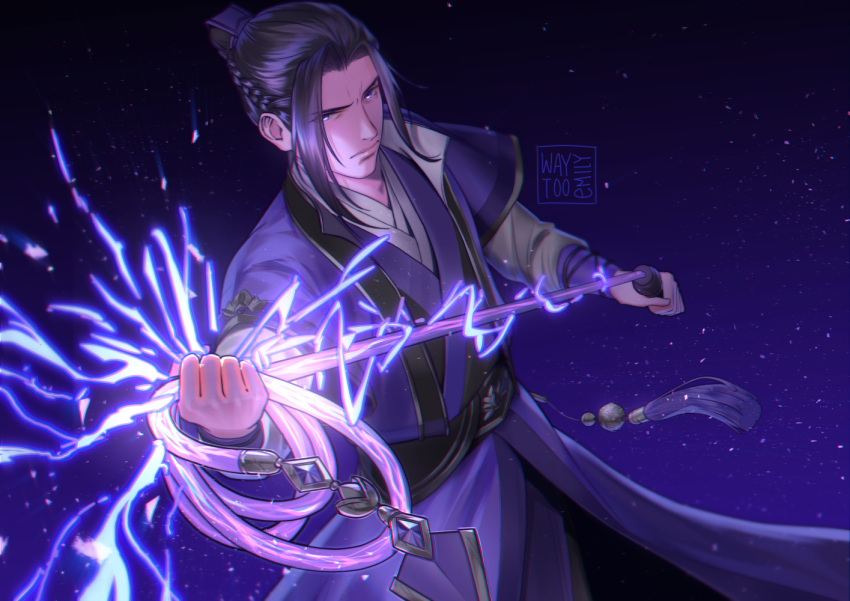 1boy black_hair braid chinese_clothes closed_mouth commentary_request cowboy_shot dark_background dutch_angle hair_bun hair_intakes hanfu holding holding_weapon holding_whip jiang_cheng lightning looking_at_viewer magic male_focus mo_dao_zu_shi purple_background robe sash serious simple_background single_hair_bun solo tassel violet_eyes watermark waytooemily weapon whip