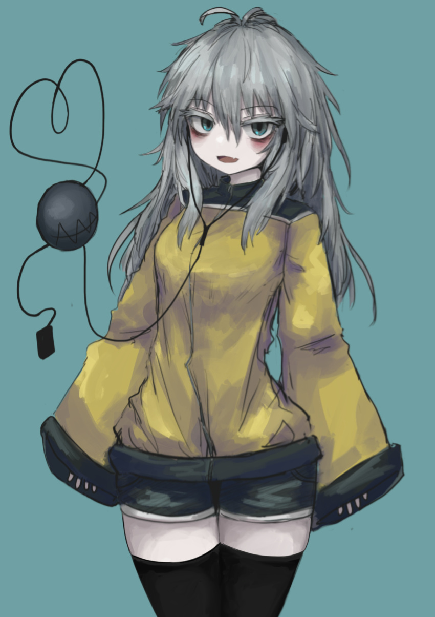 1girl :d alternate_costume bags_under_eyes bangs black_thighhighs blue_background cable cowboy_shot earphones eyeball fang green_eyes green_shorts grey_hair hair_between_eyes heart heart_of_string highres komeiji_koishi long_hair long_sleeves looking_at_viewer no_headwear open_mouth phone reverinth shirt shorts sidelocks simple_background sleeves_past_wrists smile solo thigh-highs thighs third_eye touhou wide_sleeves yellow_shirt