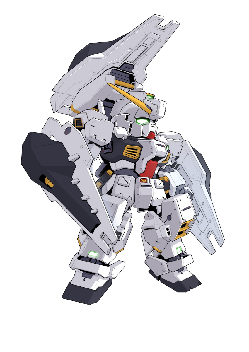 absurdres advance_of_zeta deformed glowing glowing_eyes green_eyes gundam gundam_tr-1_hazel highres looking_ahead mecha mobile_suit no_humans robot science_fiction shield simple_background solo standing v-fin white_background zakuma