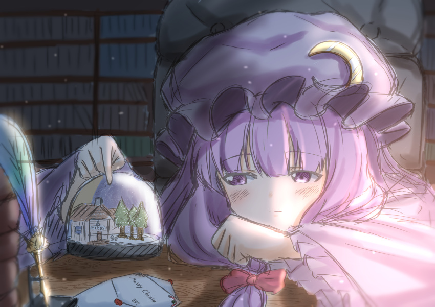 1girl absurdres bangs blunt_bangs blush bookshelf bow chair christmas_card closed_mouth crescent crescent_hat_ornament desk hair_bow hat hat_ornament highres light_smile mob_cap patchouli_knowledge purple_hair red_bow rense_1010_(number_nanashi) snow_globe solo touhou upper_body violet_eyes wide_sleeves