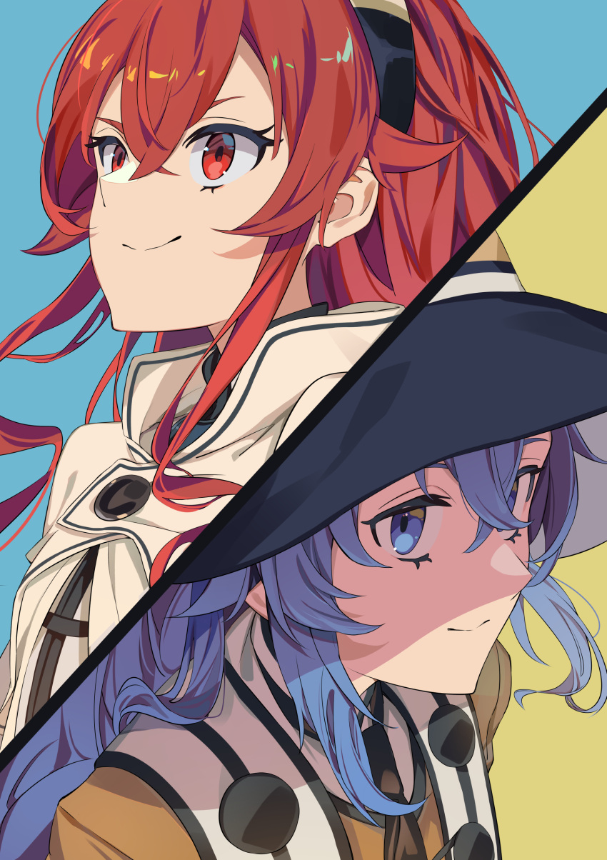 2girls absurdres bangs black_hairband black_headwear blue_eyes blue_hair braid brown_cape cape closed_mouth commentary crossed_bangs eris_greyrat hair_between_eyes hairband hat highres ibaraki_shun long_hair looking_to_the_side looking_up multiple_girls mushoku_tensei portrait red_eyes redhead roxy_migurdia simple_background smile witch_hat