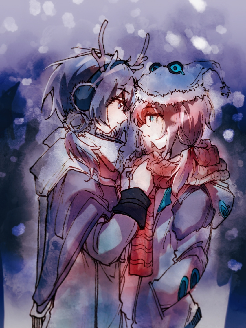 2girls :o arknights bangs blue_eyes blue_hair blue_poison_(arknights) blush christmas closed_mouth e-fa-dorn earmuffs eye_contact fake_antlers glaucus_(arknights) hand_in_pocket hat highres hood hood_down hooded_jacket jacket long_sleeves looking_at_another low_twintails multiple_girls pink_hair santa_hat scarf snowing source_request twintails yuri