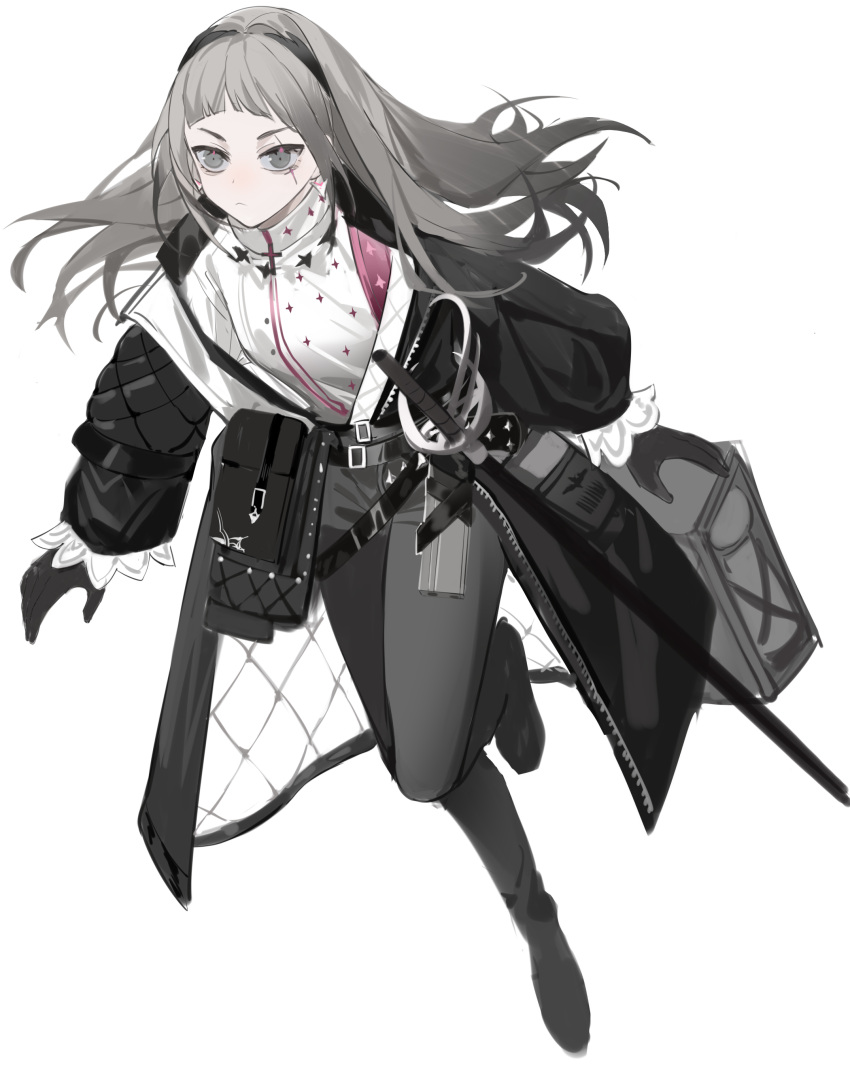 1girl absurdres adapted_costume arknights black_coat black_gloves black_pants coat full_body gloves grey_eyes grey_hair hair_intakes highres irene_(arknights) long_hair long_sleeves open_clothes open_coat pants scabbard sheath sheathed shijiantututututututu shirt simple_background solo sword weapon white_background white_shirt