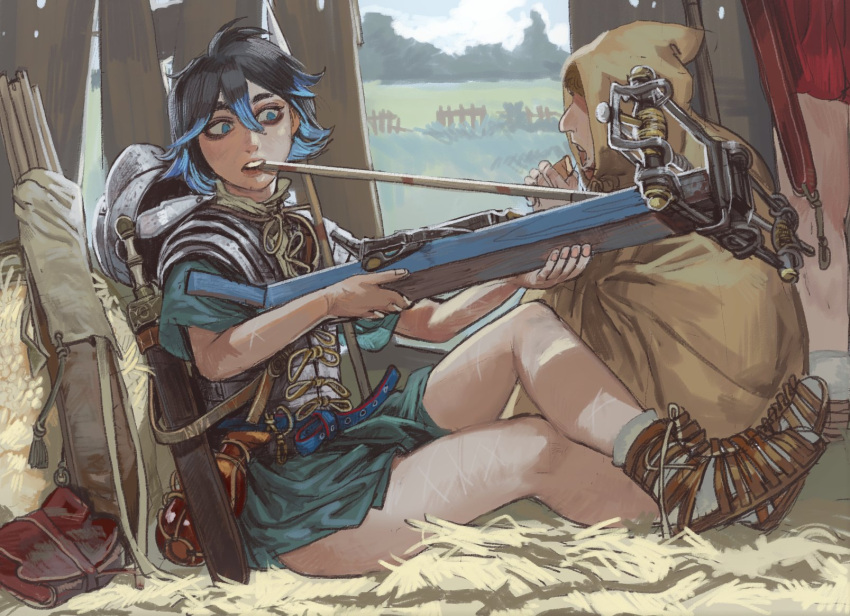 1boy 1girl armor black_hair blue_eyes blue_hair boots brown_footwear commission crossbow crossbow_bolts crossed_legs gladius headwear_removed helmet helmet_removed highres holding holding_crossbow holding_weapon legionnaire mossacannibalis mouth_hold multicolored_hair open_mouth original scar scar_on_leg sitting two-tone_hair weapon