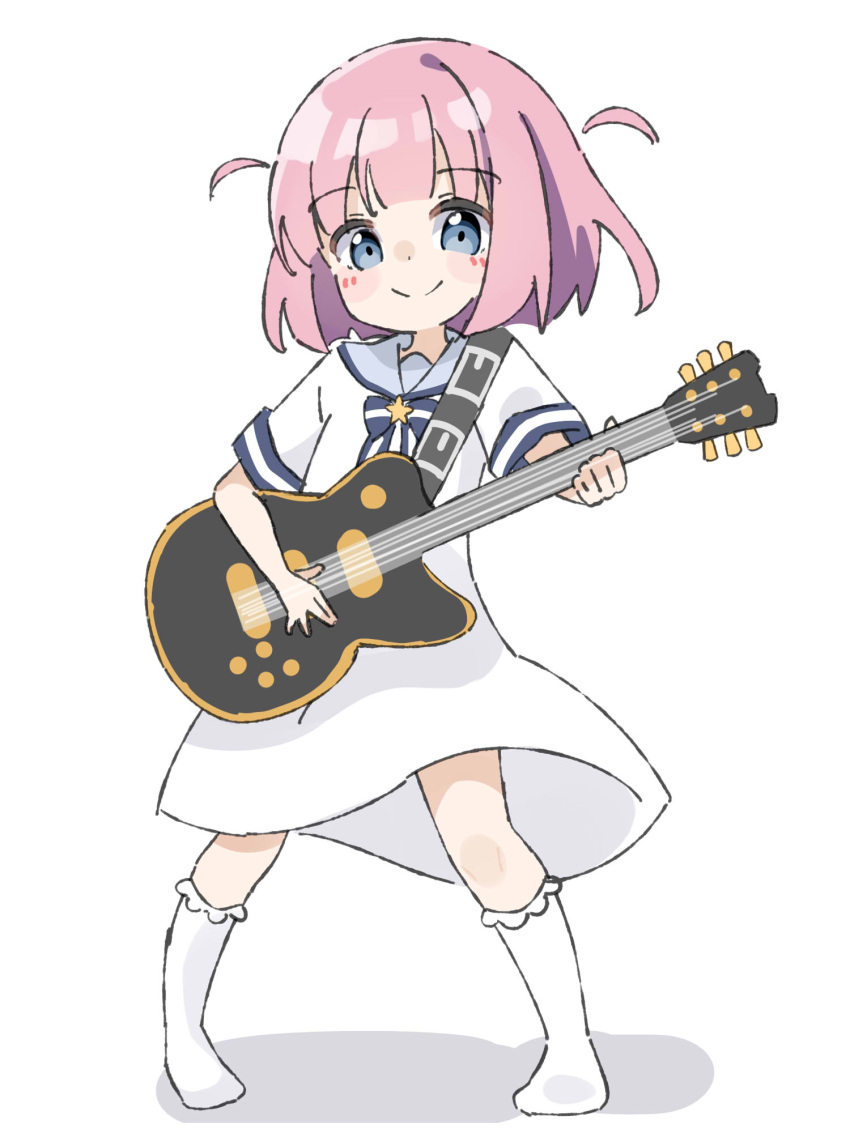 1girl bangs black_bow blue_eyes blue_sailor_collar blush_stickers bocchi_the_rock! bow closed_mouth commentary_request dress electric_guitar full_body gotou_futari guitar highres holding holding_instrument instrument kapuru_0410 looking_at_viewer pink_hair sailor_collar sailor_dress shadow shirt short_sleeves simple_background smile socks solo standing star_(symbol) striped striped_bow two_side_up white_background white_shirt white_socks