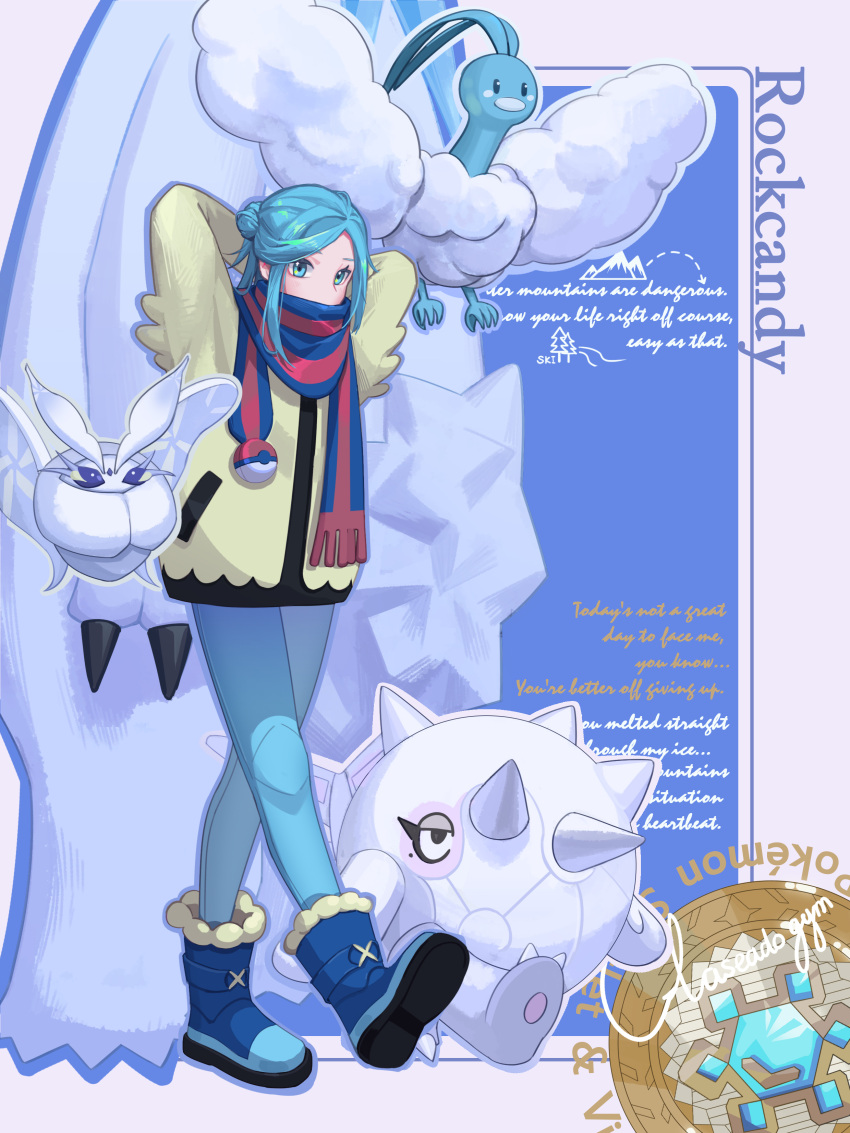 1boy absurdres altaria aqua_eyes aqua_hair aqua_pants arms_behind_head blue_footwear boots cetoddle commentary frosmoth grusha_(pokemon) highres jacket long_hair male_focus pants pokemon pokemon_(creature) pokemon_(game) pokemon_sv rockcandy_(mdhn7324) scarf standing striped striped_scarf yellow_jacket