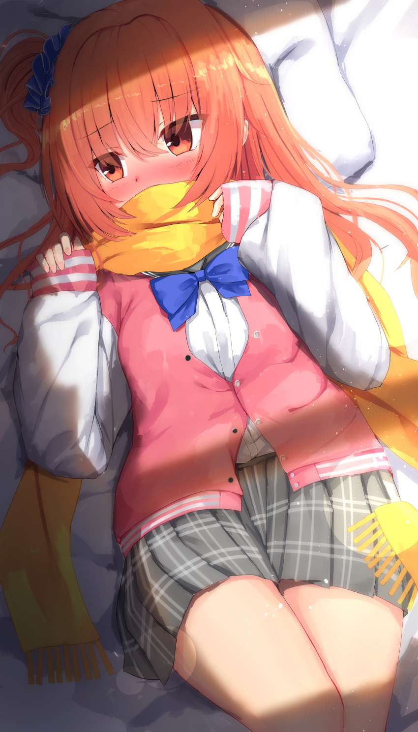1girl absurdres bangs blue_ribbon blush breasts embarrassed grey_skirt hair_between_eyes highres inaba_meguru long_sleeves looking_to_the_side lying miniskirt nodoameyatou on_back on_bed orange_eyes orange_hair pillow pink_sweater pleated_skirt ribbon sanoba_witch scarf school_uniform side_ponytail skirt sleeves_past_wrists small_breasts solo sunlight sweater thighs wavy_hair yellow_scarf yuzu-soft