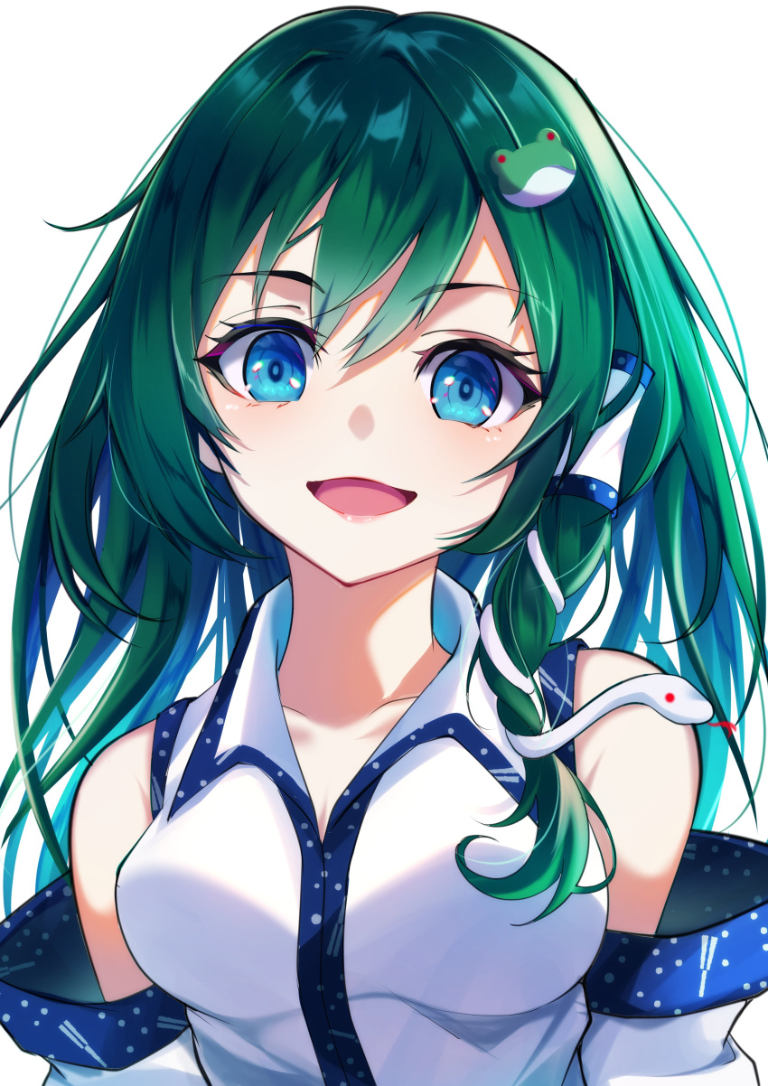 1girl absurdres bare_shoulders blue_eyes blush collarbone detached_sleeves frog_hair_ornament green_hair hair_between_eyes hair_ornament highres japanese_clothes kochiya_sanae long_hair nontraditional_miko open_mouth simple_background smile snake_hair_ornament solo touhou upper_body white_background white_sleeves wide_sleeves yamanakaume