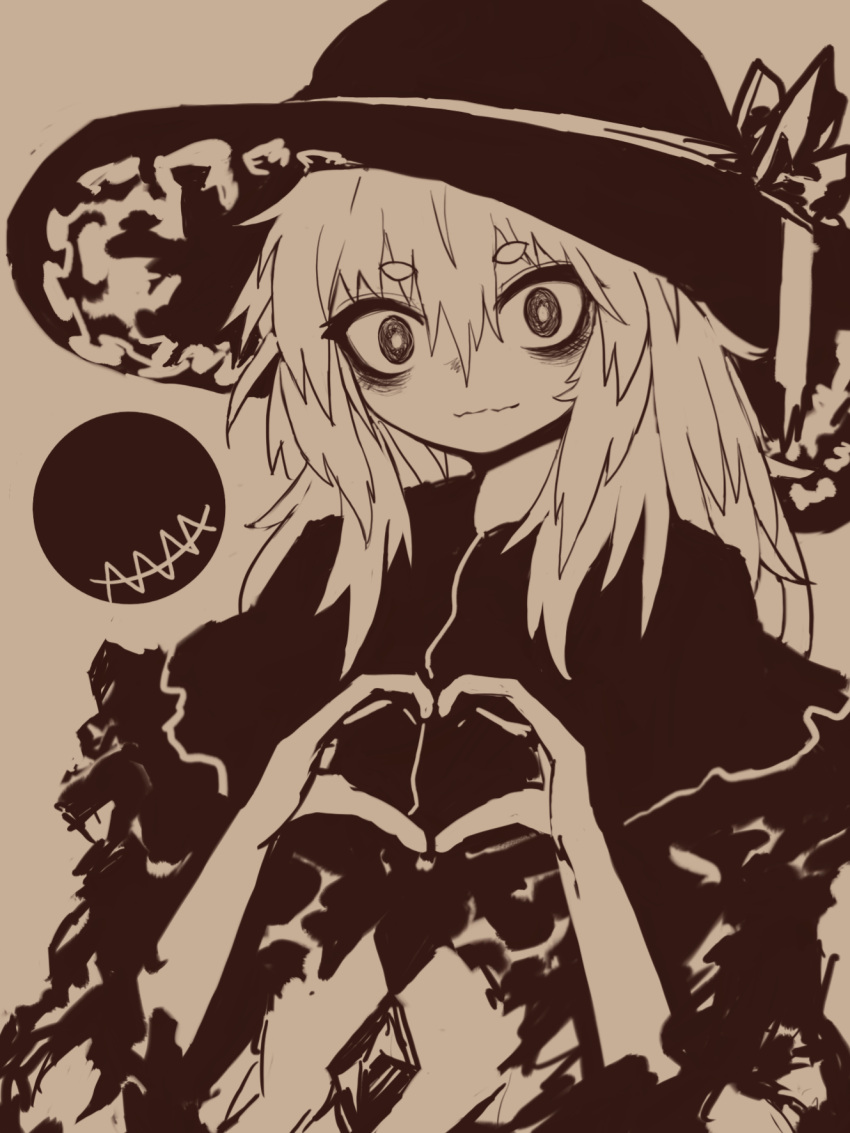 1girl bangs black_capelet black_headwear blouse bow bright_pupils buttons capelet closed_mouth crazy_eyes diamond_button eyeball frilled_sleeves frills hair_between_eyes hat hat_bow hat_ribbon heart heart_hands highres komeiji_koishi long_sleeves looking_at_viewer medium_hair monochrome own_hands_together reverinth ribbon shirt simple_background solo third_eye touhou upper_body wavy_hair wide_sleeves