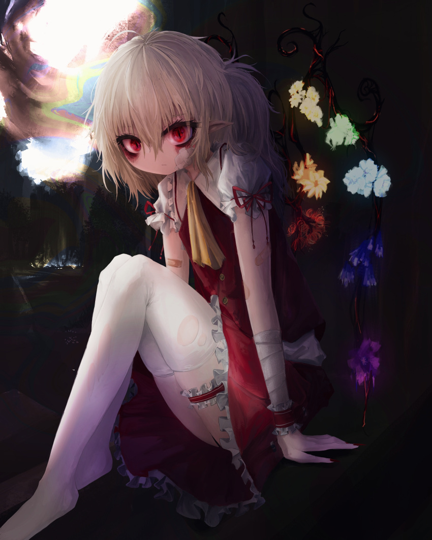 1girl absurdres ascot back_bow bandaged_arm bandages bangs blonde_hair bow collared_shirt expressionless flandre_scarlet flower frilled_shirt_collar frilled_skirt frills full_body highres looking_at_viewer one_side_up pointy_ears puffy_short_sleeves puffy_sleeves red_eyes red_skirt red_vest reverinth shirt short_hair short_sleeves sitting skirt skirt_set solo thigh-highs touhou vest white_bow white_shirt white_thighhighs wings wrist_cuffs yellow_ascot