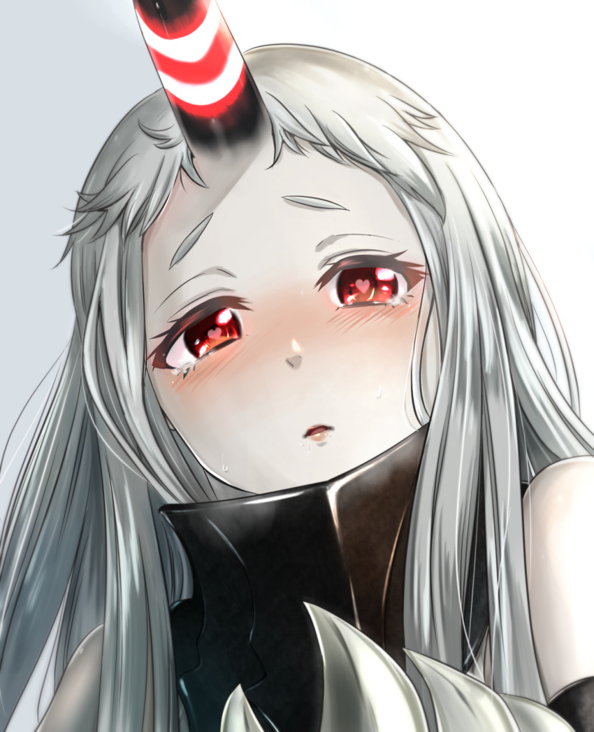 1girl abyssal_ship ankoku_kishi_m bare_shoulders blush claws colored_skin commentary_request eyelashes gradient gradient_background grey_background grey_hair heart heart-shaped_pupils highres horns kantai_collection long_hair pale_skin parted_lips red_eyes seaport_princess simple_background single_horn solo sweat symbol-shaped_pupils tears upper_body white_background white_skin