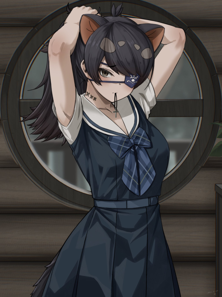 1girl arms_up australian_devil_(kemono_friends) belt black_eyes black_hair bow bowtie commentary_request cross_hair_ornament deku_suke empty extra_ears eyepatch hair_ornament hair_tie_in_mouth highres indoors kemono_friends long_hair looking_at_viewer mouth_hold one_eye_covered plaid plaid_bow plaid_bowtie pleated_skirt round_window sailor_collar short_sleeves skirt solo tail tasmanian_devil_ears tying_hair window wooden_wall