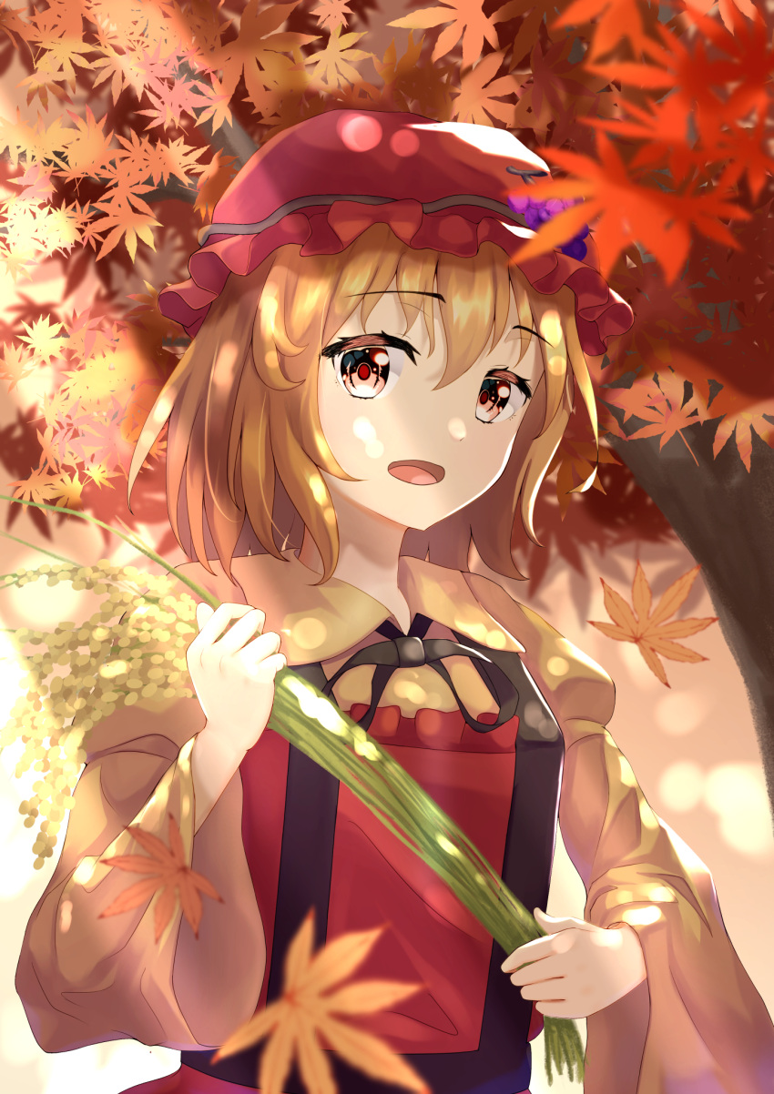 1girl aki_minoriko apron autumn autumn_leaves blonde_hair collared_shirt hair_between_eyes hat highres leaf long_sleeves maple_leaf mob_cap open_mouth red_apron red_eyes red_headwear shirt short_hair smile solo touhou urochii_(ju2ti6jgpt) wide_sleeves yellow_shirt