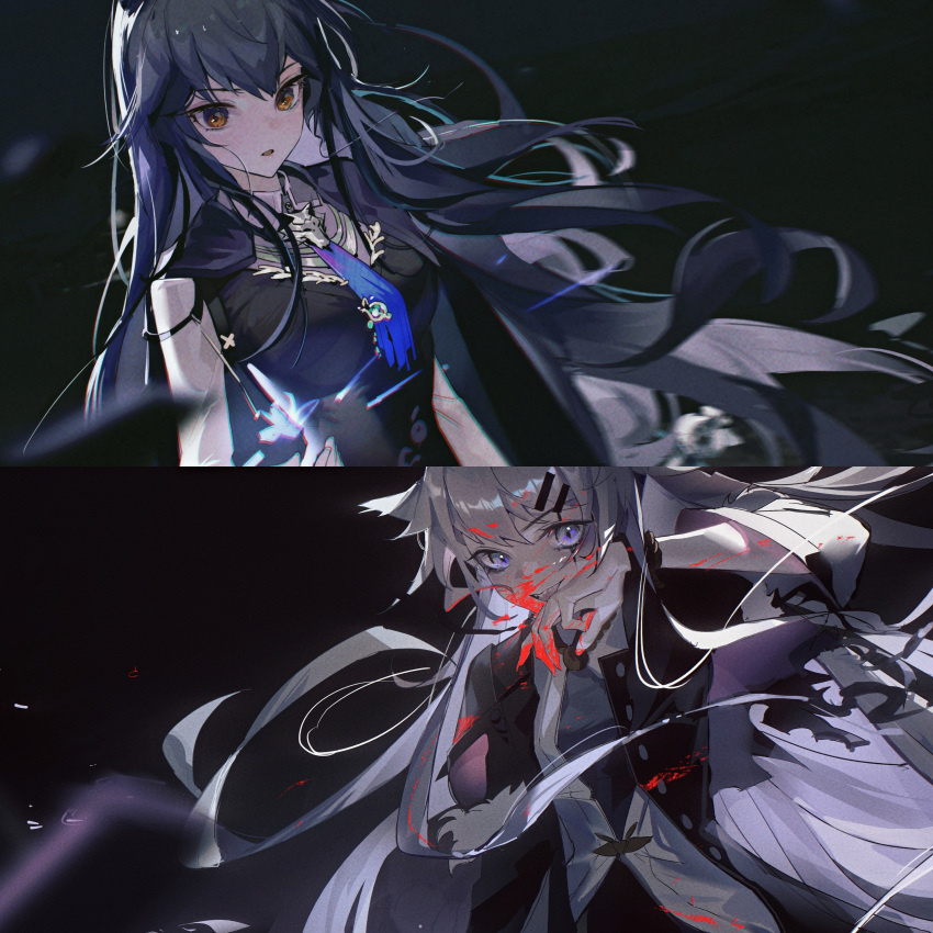 2girls absurdres animal_ears arknights black_background black_cape black_coat black_vest blood blood_on_face blue_eyes breasts brown_eyes cape coat grey_hair hair_ornament hairclip highres kongbailuoludeshulin lappland_(arknights) lappland_(refined_horrormare)_(arknights) long_hair multiple_girls official_alternate_costume open_clothes open_coat scar scar_across_eye shirt simple_background small_breasts texas_(arknights) texas_the_omertosa_(arknights) vest white_shirt wolf_ears wolf_girl