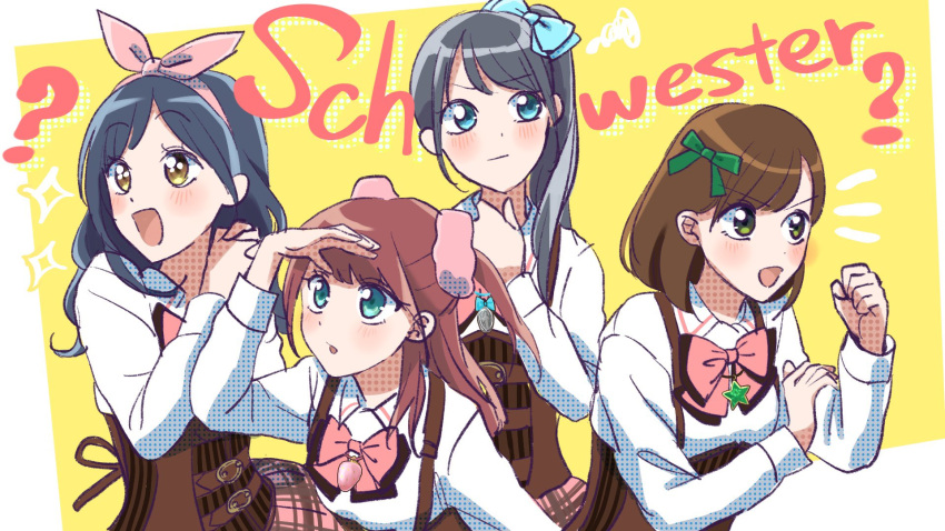 4girls :/ ? aqua_eyes arm_at_side arm_up assault_lily bangs belt_buckle black_hair blue_eyes blush border bow bow_hairband bowtie brown_hair buckle closed_mouth collared_shirt commentary_request corset green_eyes green_ribbon hair_bow hair_ornament hair_ribbon hair_scrunchie hairband halftone hanaoka_angela_moe hand_on_own_arm hand_up hands_up highres houjou_monica_asahi interlocked_fingers jewelry long_hair long_sleeves looking_at_viewer looking_away ludvico_private_girls'_academy_school_uniform multiple_boys multiple_girls nagase_marta_nonoka necklace notice_lines outside_border own_hands_together parted_lips pendant pink_bow pink_bowtie pink_hairband pink_scrunchie pink_skirt plaid plaid_skirt redhead ribbon saeki_julia_karen school_uniform scrunchie shading_eyes shakeza shirt short_hair side_ponytail simple_background skirt smile sparkle squiggle standing star_(symbol) star_necklace swept_bangs two_side_up underbust upper_body v-shaped_eyebrows white_border white_shirt yellow_background yellow_eyes