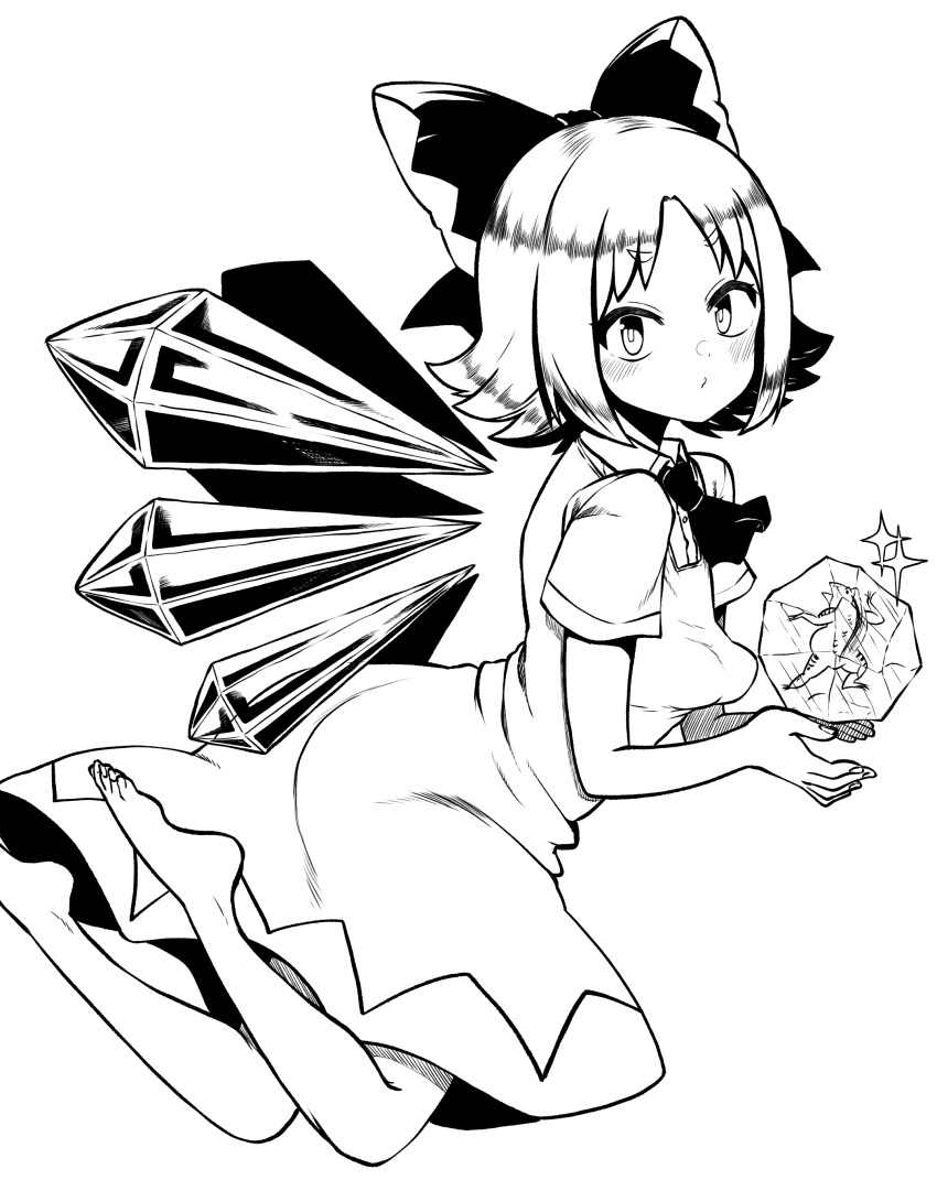 1girl absurdres barefoot bow bowtie cirno closed_mouth detached_wings dress frog from_side frozen_frog full_body hair_bow high_contrast highres himajin_noizu ice ice_wings looking_at_viewer monochrome short_hair simple_background solo touhou wings