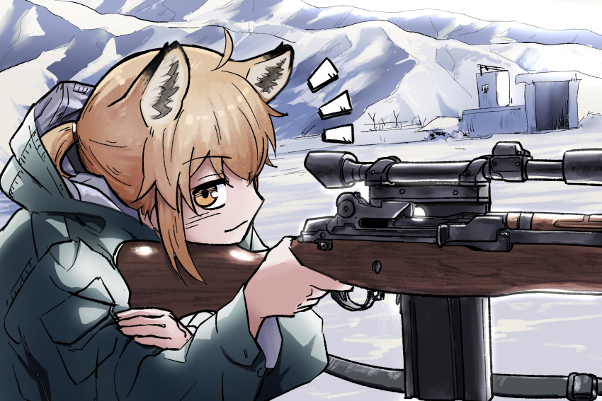 1girl ahoge animal_ear_fluff animal_ears brown_eyes brown_hair closed_mouth day green_jacket gun highres holding holding_gun holding_weapon hood hood_down hooded_jacket jacket long_sleeves looking_at_viewer notice_lines original outdoors ponytail rifle smile sniper_rifle sniper_scope snow solo upper_body weapon weapon_request yihan_world