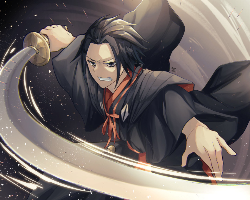 1boy black_background black_hair black_robe clenched_teeth hanna_(y_m_d_jgkrk) highres holding holding_weapon japanese_clothes jigokuraku kataginu katana looking_to_the_side motion_lines robe short_hair slashing solo spiky_hair sword teeth weapon yamada_asaemon_shugen