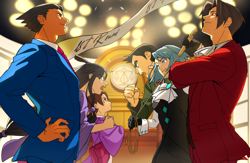 3boys 3girls ace_attorney ascot black_gloves black_hair black_skirt black_vest blue_eyes blue_hair blue_jacket blue_pants brown_eyes brown_hair closed_mouth collared_shirt confrontation courtroom dick_gumshoe formal franziska_von_karma gem gloves grey_eyes grey_hair hair_intakes hair_ornament hair_rings half_updo hanten_(clothes) holding indoors jacket japanese_clothes juliet_sleeves kimono long_hair long_sleeves looking_at_another maya_fey miles_edgeworth mole mole_under_eye multiple_boys multiple_girls open_mouth opposing_sides pants pearl_fey pencil_skirt phoenix_wright pink_sash puffy_sleeves purple_jacket red_jacket red_suit roku_(bb8800xx) sash shirt short_hair sidelocks skirt smile spiky_hair standing suit vest vest_over_shirt whip white_shirt