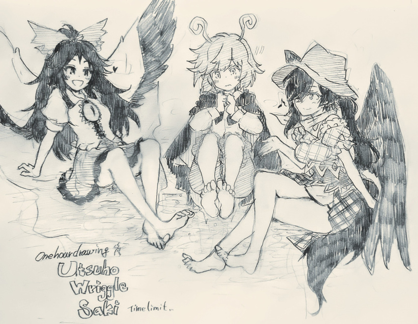 3girls :d antennae barefoot bird_wings bow cape carbohydrate_(asta4282) character_name closed_mouth english_text full_body hair_bow heart highres knees_up kurokoma_saki long_hair long_sleeves monochrome multiple_girls musical_note one-hour_drawing_challenge open_mouth pegasus_wings plaid reiuji_utsuho shirt short_hair sitting sketch skirt smile third_eye touhou wings wriggle_nightbug