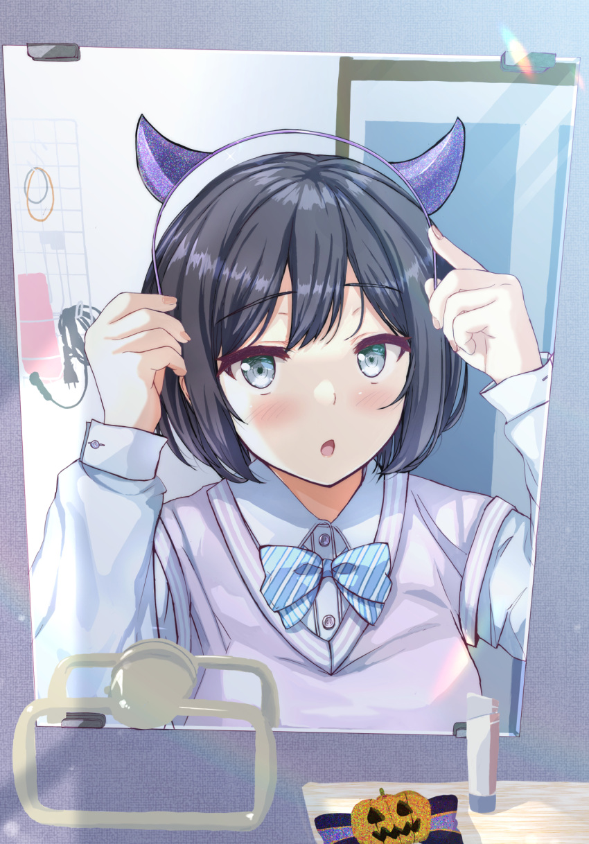 1girl :o adjusting_clothes adjusting_headwear bangs bathroom blue_bow blue_bowtie blue_eyes blush bob_cut bow bowtie breasts brown_sweater_vest cable close-up commentary diagonal-striped_bowtie dress_shirt dressing fake_horns fushimi_asuha glitter hair_tie hairband highres horns jack-o'-lantern large_breasts looking_at_viewer mirror open_mouth original portrait purple_hairband putting_on_headwear rainbow raised_eyebrows reflection refraction school_uniform shirt short_hair solo sweater_vest toothpaste towel_rack two-tone_bowtie white_bow white_bowtie white_shirt