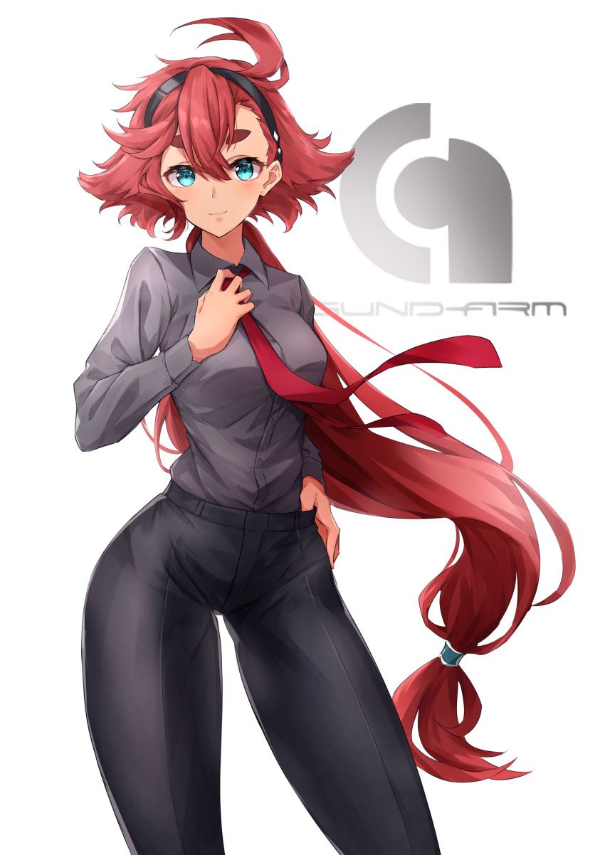 1girl absurdres ahoge bangs black_hairband breasts formal gundam gundam_suisei_no_majo hairband highres logo long_hair looking_at_viewer low-tied_long_hair low_ponytail necktie pants red_necktie redhead shiraiwa_usagi small_breasts smile solo suletta_mercury thick_eyebrows very_long_hair white_background
