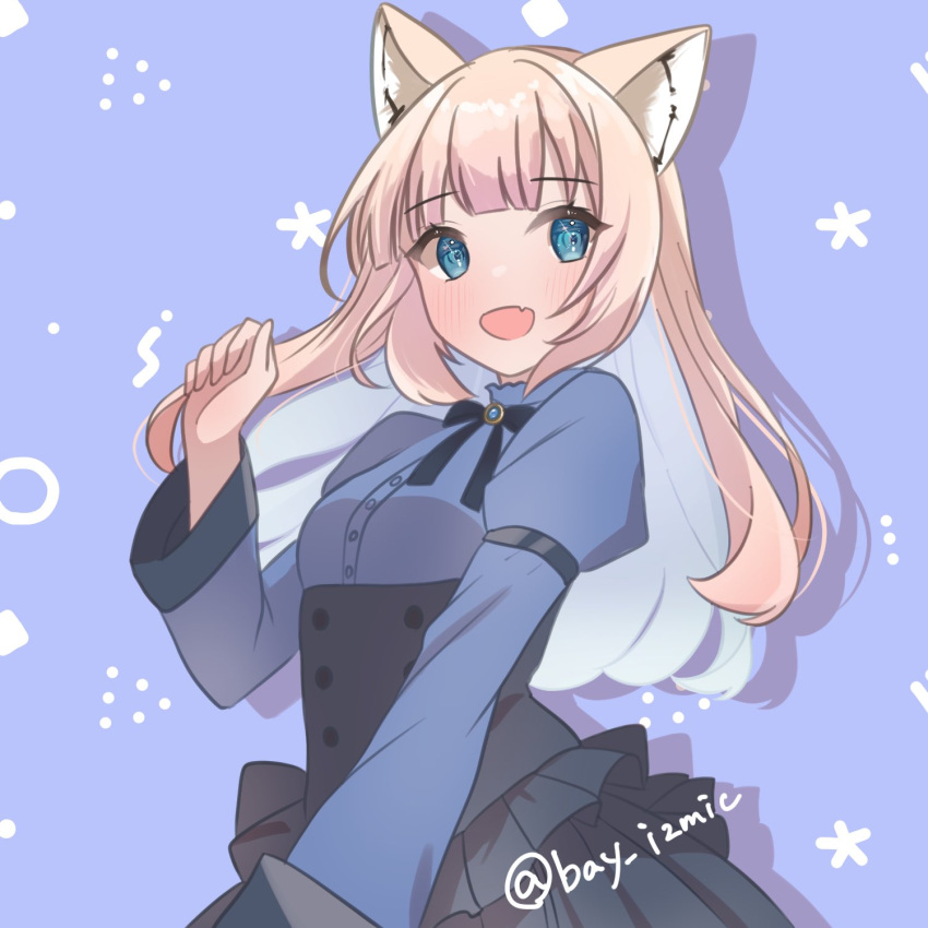 1girl animal_ears bangs bei_(xwxx8222) blonde_hair blue_eyes blunt_bangs bodice clock_hands commission fang fox_ears fox_girl frills highres long_hair neckwear_request prism_project sidelocks signature skin_fang solo symbol-shaped_pupils tokimori_aoi virtual_youtuber