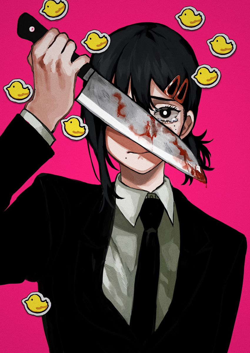 1girl bird black_hair black_jacket black_necktie blood blood_on_weapon chainsaw_man collared_shirt commentary duck formal hair_ornament hairclip higashiyama_kobeni highres holding holding_knife jacket knife looking_at_viewer medium_hair meltykiss0316 mole mole_under_eye mole_under_mouth multiple_moles necktie one_eye_covered pink_background rubber_duck shirt short_ponytail simple_background single_sidelock solo suit weapon white_shirt