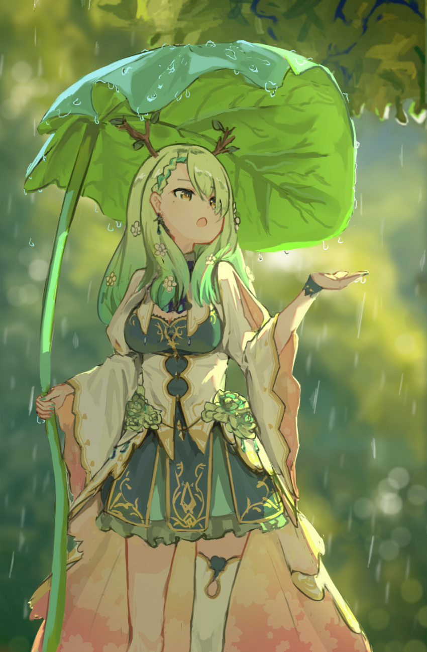 1girl antlers bangs braid ceres_fauna cloak dress flower gradient_hair green_hair green_theme hair_flower hair_ornament highres holding holding_umbrella hololive hololive_english jewelry leaf_umbrella long_hair looking_up mole multicolored_hair open_mouth rain ribbon single_thighhigh solo thigh-highs umbrella virtual_youtuber waneyeye water_drop white_cloak yellow_eyes
