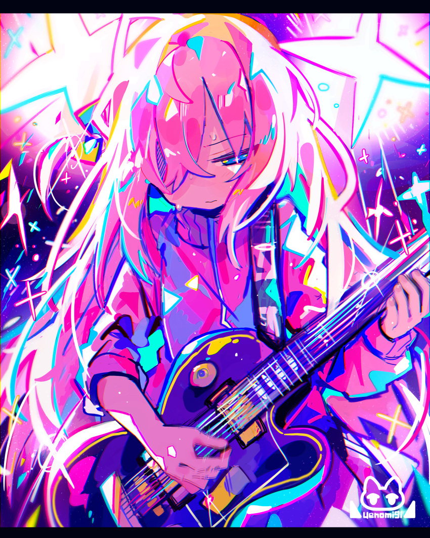 1girl absurdres bangs blue_eyes bocchi_the_rock! closed_mouth cube_hair_ornament electric_guitar gibson_les_paul gotou_hitori guitar hair_between_eyes hair_ornament hair_over_eyes highres holding holding_instrument instrument jacket long_hair looking_down music one_side_up pink_hair pink_jacket playing_instrument solo sparkle track_jacket uenomigi