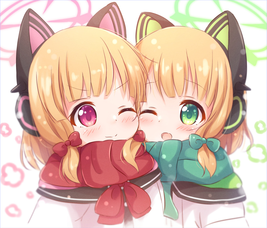 2girls ;d animal_ear_headphones animal_ears araki495 bangs blonde_hair blue_archive blush bow cheek-to-cheek closed_mouth commentary_request fake_animal_ears green_bow green_eyes green_scarf hair_bow halo headphones heads_together jacket midori_(blue_archive) momoi_(blue_archive) multiple_girls one_eye_closed red_bow red_scarf scarf siblings sidelocks simple_background sisters smile snowing twins upper_body violet_eyes white_background white_jacket
