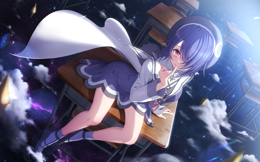 1girl aogiri_koukou_game_club arm_support bangs beret black_footwear black_headwear blush breasts chair closed_mouth clouds commentary_request desk dress hair_over_one_eye hat high_heels highres kamome_yuu long_sleeves looking_at_viewer medium_breasts on_desk otodama_tamako purple_dress purple_hair purple_socks red_eyes school_chair school_desk school_uniform shirt shoes sitting sitting_on_desk sky sleeveless sleeveless_dress smile socks solo star_(sky) starry_sky white_shirt