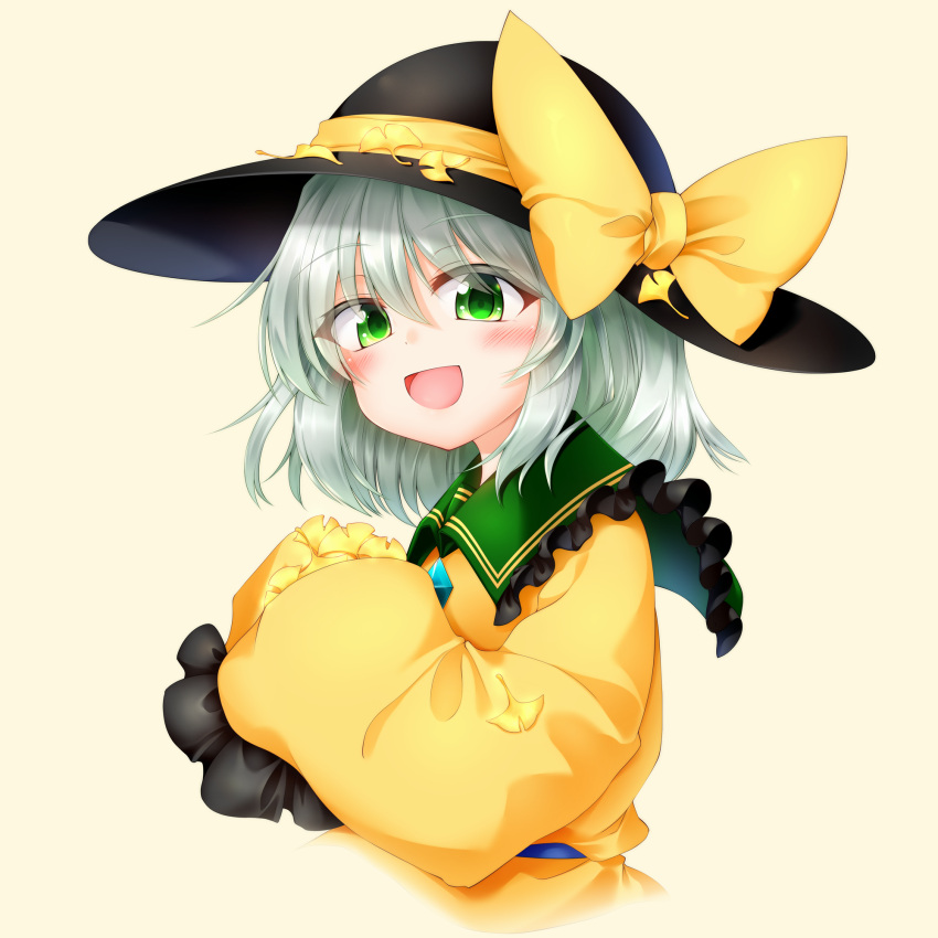 1girl :d black_headwear blouse blush bow frilled_shirt_collar frilled_sleeves frills ginkgo green_eyes green_hair happy hat hat_bow hat_ribbon highres holding holding_leaf komeiji_koishi large_hat leaf long_sleeves looking_at_viewer marukyuu_ameya medium_hair open_mouth ribbon shiny shiny_hair shirt simple_background smile solo touhou upper_body yellow_background yellow_bow yellow_ribbon yellow_shirt