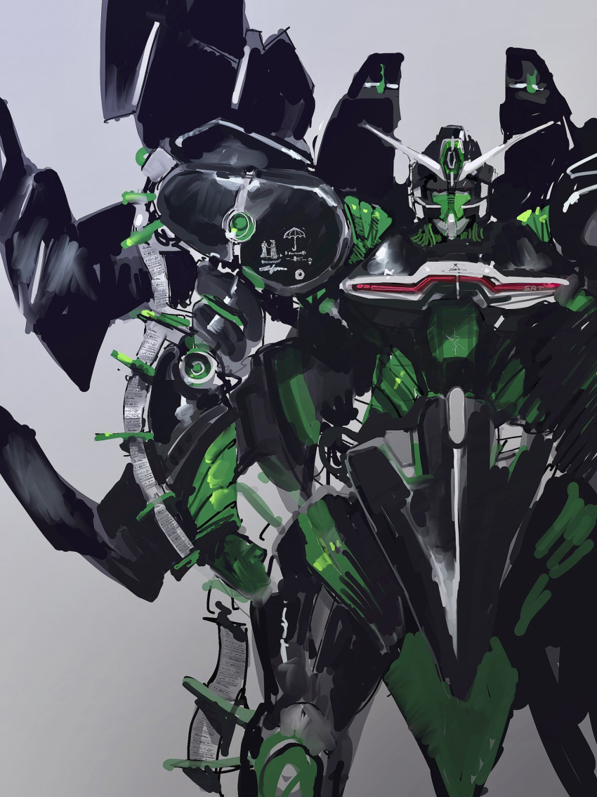 clenched_hand grey_background gundam highres looking_at_viewer mecha mobile_suit no_humans original red_eyes rintaro_komori robot science_fiction simple_background sketch solo v-fin