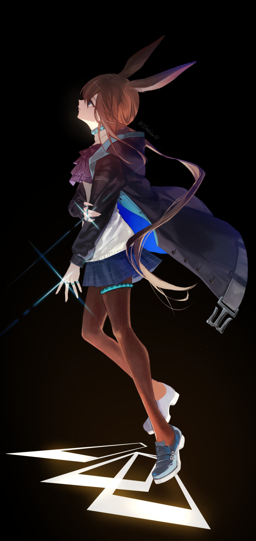 00kashian00 1girl absurdres amiya_(arknights) animal_ears arknights ascot bangs black_background black_coat blue_eyes blue_skirt brown_hair brown_pantyhose coat commentary from_side frown full_body highres holding_own_arm hooded_coat jewelry lens_flare long_hair looking_up multiple_rings neck_ring pantyhose pleated_skirt purple_ascot rabbit_ears rabbit_girl ring shirt simple_background skirt solo thumb_ring white_shirt