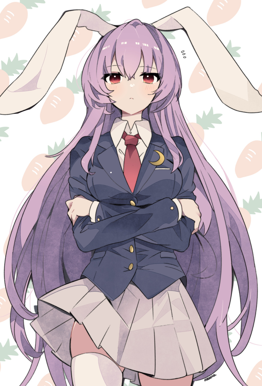 1girl absurdres animal_ears black_jacket blazer breasts closed_mouth collared_shirt cowboy_shot crescent crescent_pin crossed_arms highres jacket long_hair long_sleeves looking_at_viewer necktie necono_(nyu6poko) pleated_skirt rabbit_ears rabbit_girl red_necktie reisen_udongein_inaba shirt simple_background skirt solo standing thigh-highs touhou very_long_hair white_background white_shirt white_thighhighs