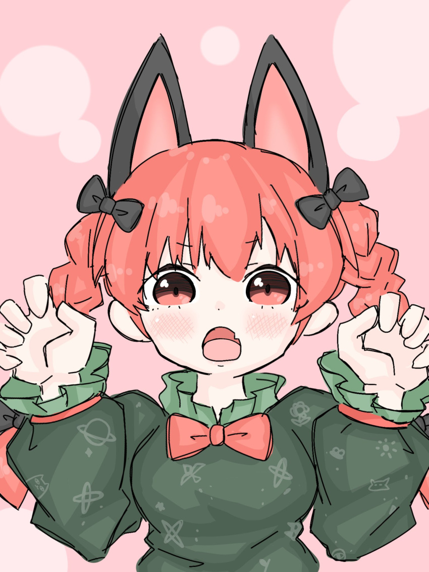 1girl animal_ears bangs blush bow bowtie braid breasts cat_ears claw_pose d: dress extra_ears fang frills fumomono gao green_dress hair_bow hair_ribbon hands_up heart highres kaenbyou_rin large_breasts long_hair long_sleeves looking_at_viewer pink_background red_bow red_bowtie red_eyes redhead ribbon skin_fang solo space_print starry_sky_print touhou tress_ribbon twin_braids upper_body v-shaped_eyebrows