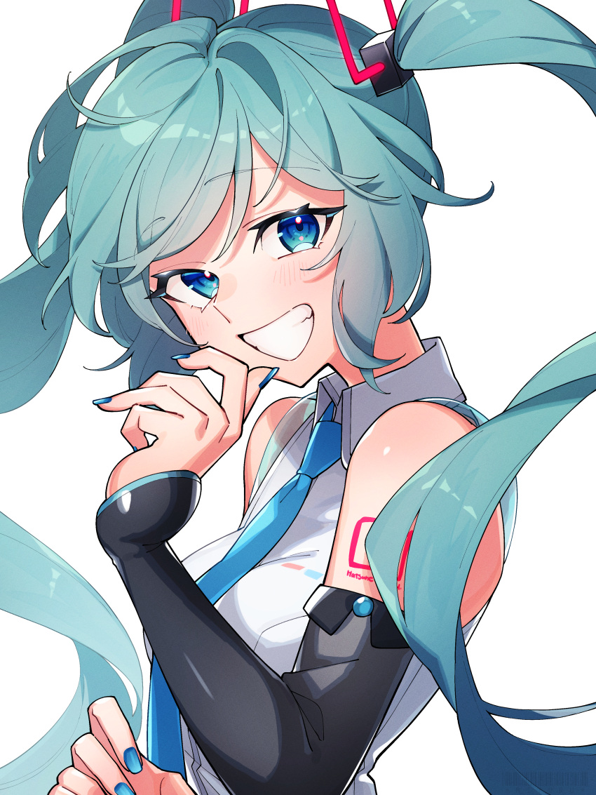 1girl absurdres aqua_hair bangs bare_shoulders blue_eyes blue_nails blue_necktie breasts collared_shirt commentary dated_commentary detached_sleeves floating_hair from_side grin hand_up hatsune_miku hatsune_miku_(vocaloid4) highres long_hair looking_at_viewer medium_breasts messy_hair necktie odd_(miyoru) shirt simple_background sleeveless sleeveless_shirt smile solo swept_bangs twintails upper_body v4x very_long_hair vocaloid white_background white_shirt