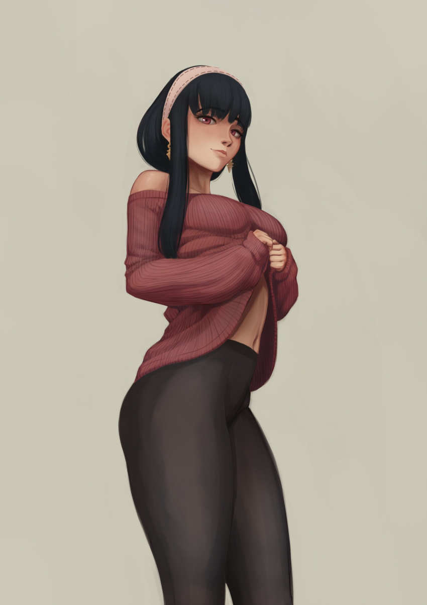 1girl bangs black_hair black_leggings black_pants blunt_bangs breasts closed_mouth clothes_lift earrings feet_out_of_frame gold_earrings grey_background hairband highres jewelry kris_null leggings lifted_by_self lips long_hair looking_at_viewer medium_breasts navel off-shoulder_sweater off_shoulder pants pink_hairband red_eyes red_sweater sidelocks simple_background sleeves_past_wrists smile solo spy_x_family sweater sweater_lift yor_briar