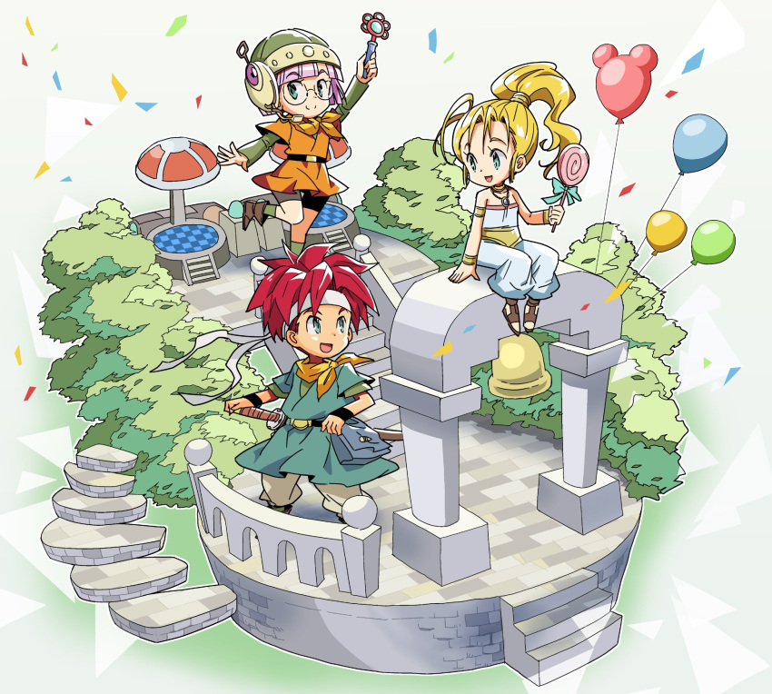 2girls bare_shoulders blonde_hair blue_eyes chibi choker chrono_trigger closed_mouth crono_(chrono_trigger) glasses green_eyes headband helmet highres jewelry long_hair looking_at_viewer lucca_ashtear mai_iwaizumi marle_(chrono_trigger) multiple_girls open_mouth ponytail purple_hair redhead short_hair smile spiky_hair sword weapon