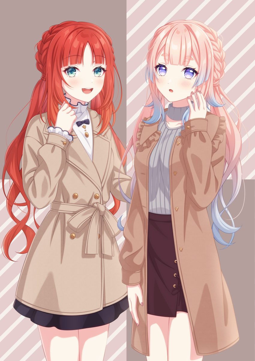 2girls :d :o absurdres alternate_costume alternate_hairstyle aqua_eyes bangs black_bow black_bowtie blue_hair blunt_bangs blush bow bowtie braid brooch brown_background brown_coat brown_sash brown_skirt buttons clothing_cutout coat colored_tips contemporary french_braid frilled_shirt frills genshin_impact hand_up highres jewelry long_sleeves looking_at_viewer low_twintails multicolored_hair multiple_girls nail_polish nilou_(genshin_impact) open_clothes open_coat open_mouth parted_bangs parted_lips pink_hair pochimaru_(marumaru_wanwan) redhead ribbed_shirt sangonomiya_kokomi shirt shirt_tucked_in simple_background skirt smile striped striped_background teeth thick_eyebrows thighs turtleneck twintails two-tone_hair upper_teeth violet_eyes wavy_hair white_shirt