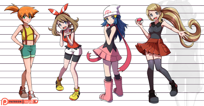 artist_name bike_shorts blue_eyes blue_hair boots brown_hair doki_doki_literature_club dress green_eyes hairband hands_on_hips highres holding holding_poke_ball may_(pokemon) mgx0 midriff miniskirt misty_(pokemon) navel orange_hair patreon_logo pink_footwear pleated_skirt poke_ball poke_ball_(basic) pokemon pokemon_(anime) pokemon_(classic_anime) pokemon_(game) pokemon_bdsp pokemon_oras pokemon_xy pout red_hairband red_tank_top serena_(pokemon) shoes short_dress short_shorts shorts side_ponytail skirt sneakers suspenders tank_top thigh-highs watermark yellow_tank_top zettai_ryouiki