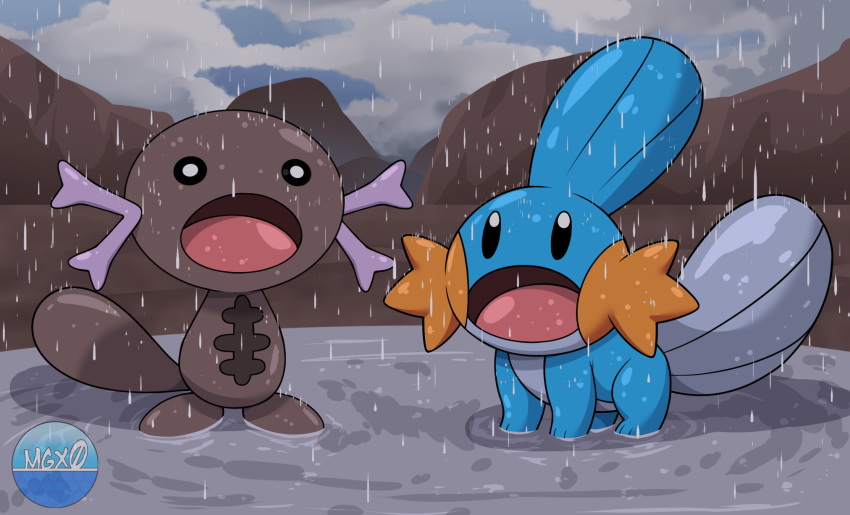 :o artist_name clouds cloudy_sky highres mgx0 mudkip no_humans open_mouth paldean_wooper pokemon pokemon_(creature) puddle rain sky tail watermark wet