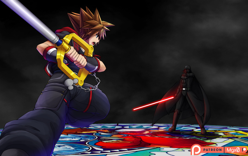2boys absurdres armor blue_eyes brown_hair chain commission crossover darth_vader energy_sword highres holding_lightsaber hood hoodie keyblade kingdom_hearts kingdom_hearts_iii lightsaber male_focus mgx0 multiple_boys open_mouth patreon_logo patreon_username sora_(kingdom_hearts) spiky_hair star_wars sword weapon