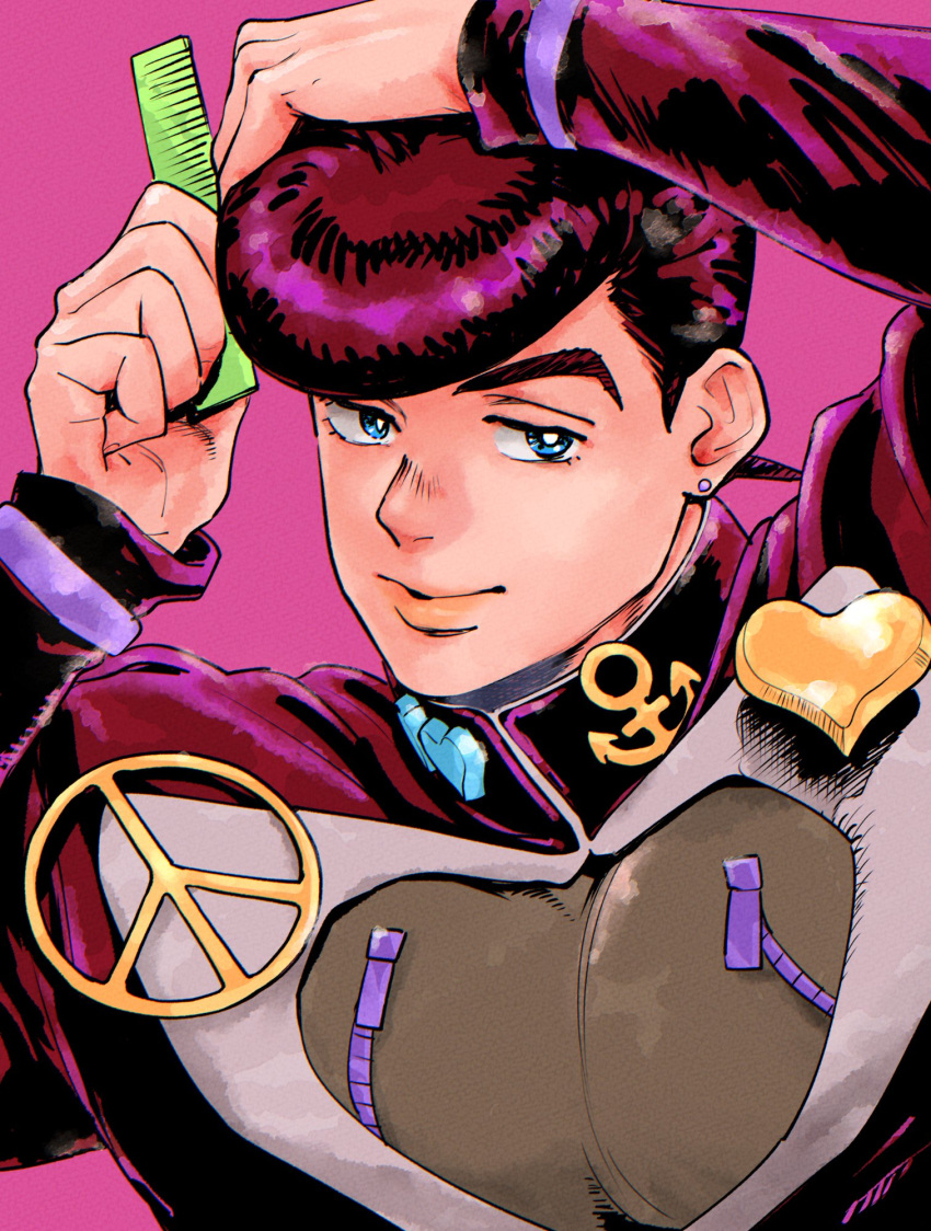 1boy anchor_symbol arms_up black_hair blue_eyes bright_pupils brooch brushing_hair comb diamond_wa_kudakenai earrings gakuran half-closed_eyes heart higashikata_josuke highres holding holding_comb jacket jewelry jojo_no_kimyou_na_bouken long_sleeves looking_at_viewer male_focus mochitanini peace_symbol pectorals pompadour purple_background school_uniform smile solo stud_earrings upper_body white_pupils