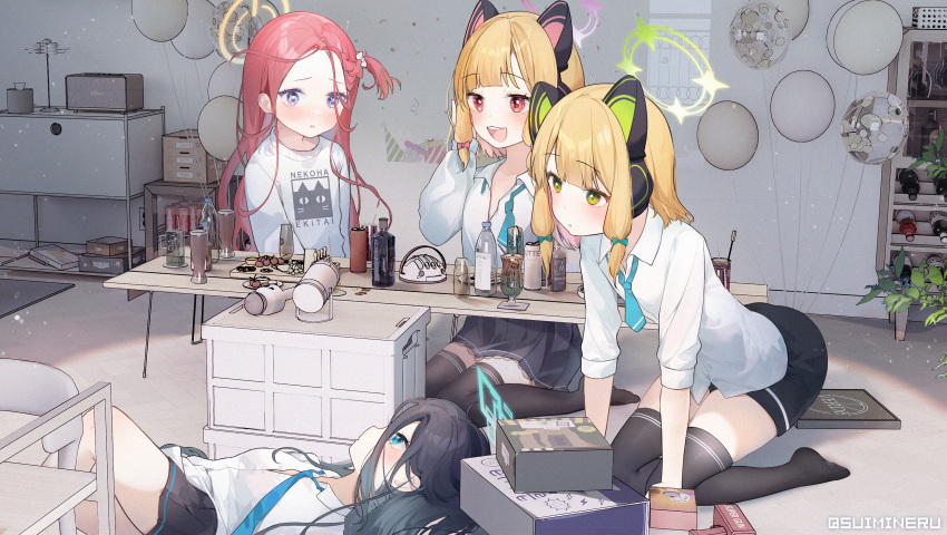 4girls :3 :d :o absurdres animal_ear_headphones animal_ears aris_(blue_archive) artist_name balloon bangs black_hair black_skirt black_thighhighs blonde_hair blue_archive blue_eyes blue_necktie blunt_bangs blush book bottle bow box can cat_ear_headphones cat_ears chair collared_shirt commentary_request cup dress_shirt drink drinking_glass drinking_straw eru_daydream eyelashes fake_animal_ears food forehead full_body green_bow green_eyes hair_between_eyes hair_bow halo hand_up headphones highres indoors long_bangs long_hair long_sleeves looking_at_another lying medium_hair midori_(blue_archive) momoi_(blue_archive) multiple_girls necktie on_back one_side_up open_mouth parted_bangs parted_lips plant print_sweater profile raised_eyebrows red_bow red_eyes redhead school_uniform shelf shirt short_necktie sidelocks sitting skirt smile speaker sweater table thigh-highs toy toy_gun tray twitter_username undone_necktie very_long_hair violet_eyes white_bow white_shirt white_sweater wing_collar yuzu_(blue_archive)